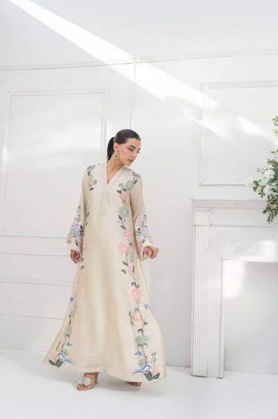 Graceful Cream Pure Roman Glass Long Kaftan Pant Dupatta Set with Sequin Work Ready To Wear Collection