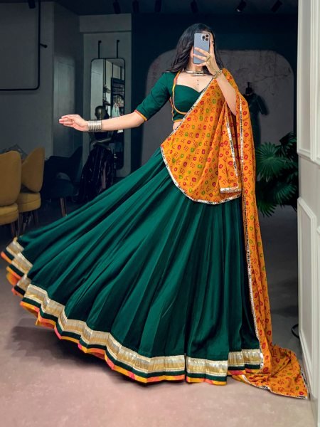 Graceful Dark Green Chinon Navratri Lehenga Choli with Bandhani Dupatta Navratri Lehnega Choli