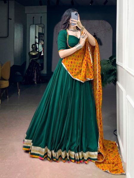 Graceful Dark Green Chinon Navratri Lehenga Choli with Bandhani Dupatta Navratri Lehnega Choli