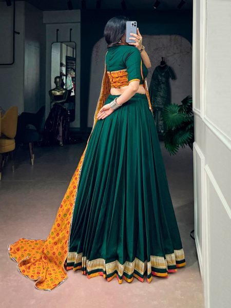 Graceful Dark Green Chinon Navratri Lehenga Choli with Bandhani Dupatta Navratri Lehnega Choli