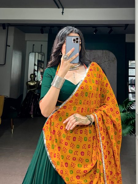 Graceful Dark Green Chinon Navratri Lehenga Choli with Bandhani Dupatta Navratri Lehnega Choli