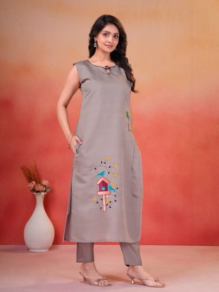 Graceful Designer Grey Roman Kurta Pant Set with Embroidery Work for Office Wear 