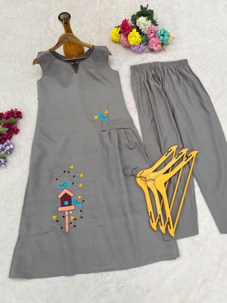 Graceful Designer Grey Roman Kurta Pant Set with Embroidery Work for Office Wear Embroidery Kurtis 