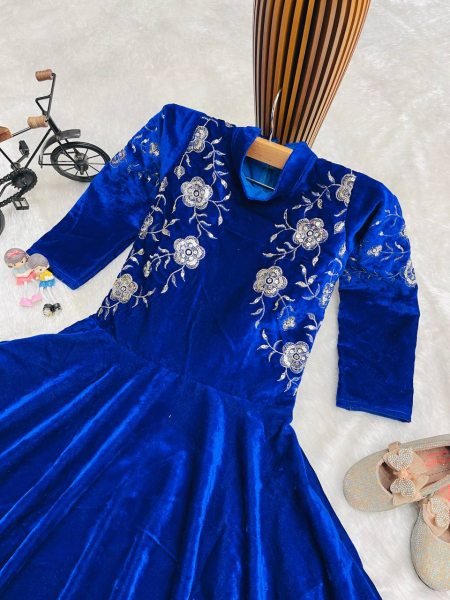 Graceful Embroidered Viscose Velvet Kids Gown with Full Sleeves for Partywear  Girls Wear