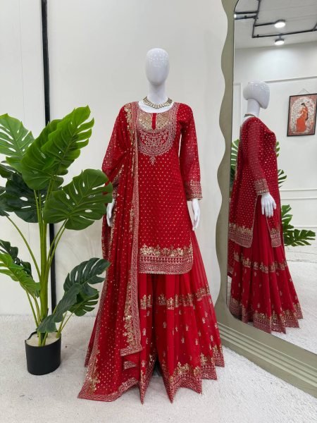 Graceful Faux Georgette Embroidered Sharara Suit with Thread and Sequence Work for Designer Wear Ready To Wear Collection