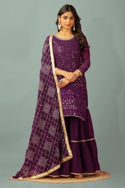 Graceful Faux Georgette Sharara Plazo Set with Heavy Embroidery and Four Side Lace Dupatta for Women  Ready To Wear Collection