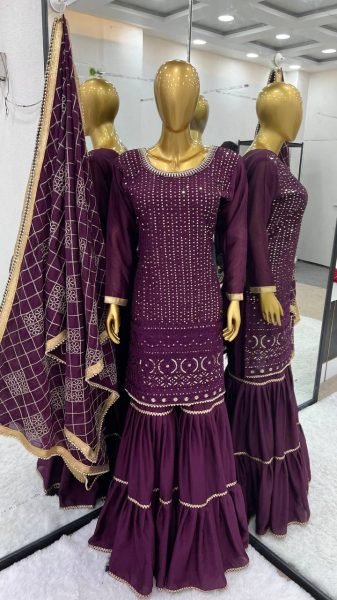 Graceful Faux Georgette Sharara Plazo Set with Heavy Embroidery and Four Side Lace Dupatta for Women  Ready To Wear Collection
