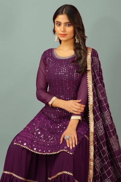 Graceful Faux Georgette Sharara Plazo Set with Heavy Embroidery and Four Side Lace Dupatta for Women  Ready To Wear Collection
