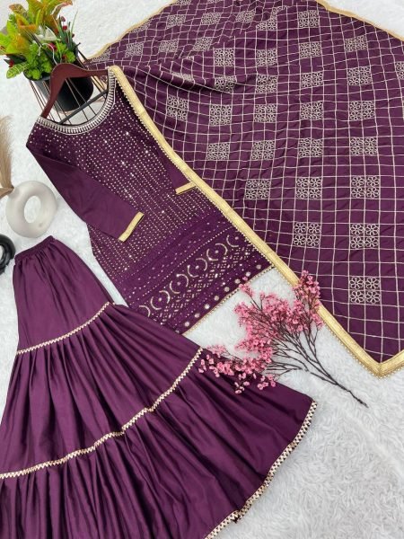 Graceful Faux Georgette Sharara Plazo Set with Heavy Embroidery and Four Side Lace Dupatta for Women  Ready To Wear Collection