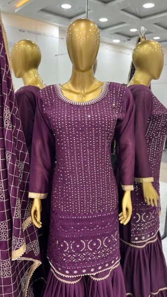 Graceful Faux Georgette Sharara Plazo Set with Heavy Embroidery and Four Side Lace Dupatta for Women  Ready To Wear Collection