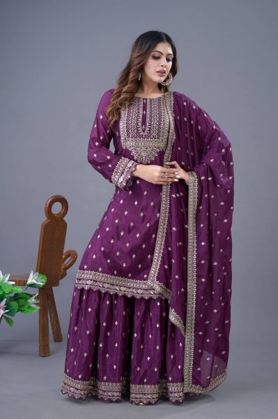 Graceful Fully Stitched Ready to Wear Purple Chinon Silk Sharara Suit with Embroidery Ready To Wear Collection