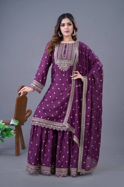 Graceful Fully Stitched Ready to Wear Purple Chinon Silk Sharara Suit with Embroidery Ready To Wear Collection