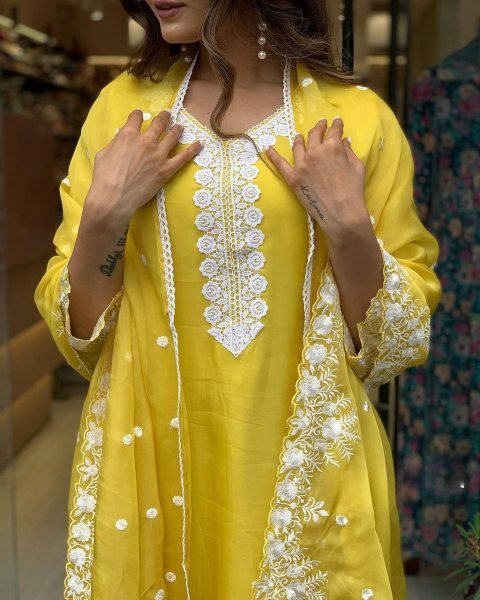 Graceful Georgette Sunshine Yellow Kurti Set with Intricate Embroidery Ethnic Wear for Women Georgette Kurti 
