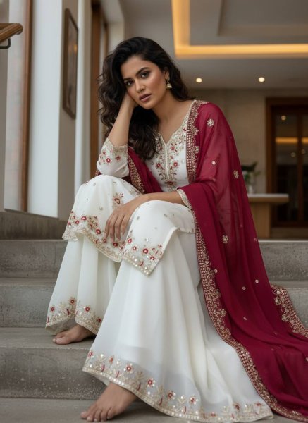 Graceful Georgette White Suit Set with sequins for Special Occasions Ready To Wear Collection