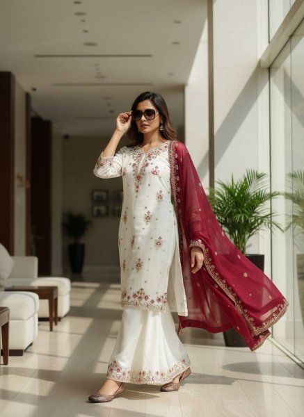 Graceful Georgette White Suit Set with sequins for Special Occasions Ready To Wear Collection
