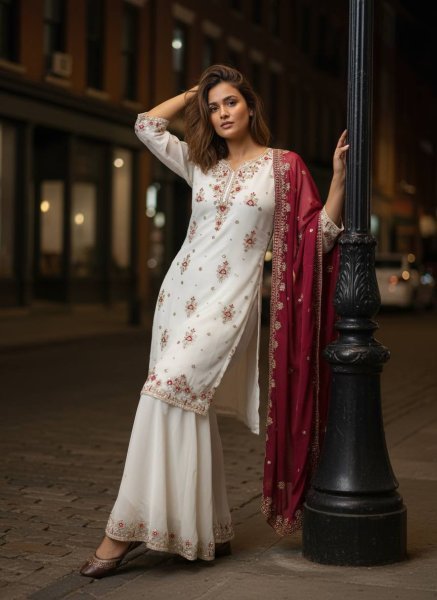 Graceful Georgette White Suit Set with sequins for Special Occasions Ready To Wear Collection