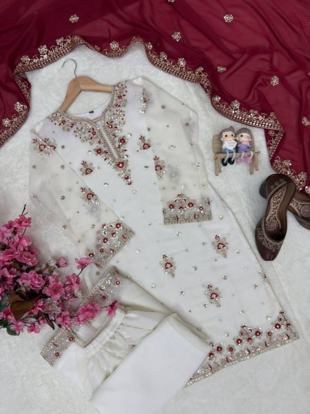 Graceful Georgette White Suit Set with sequins for Special Occasions Ready To Wear Collection