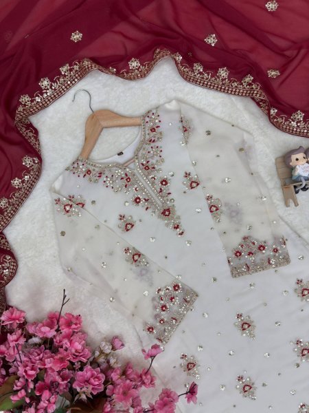 Graceful Georgette White Suit Set with sequins for Special Occasions Ready To Wear Collection