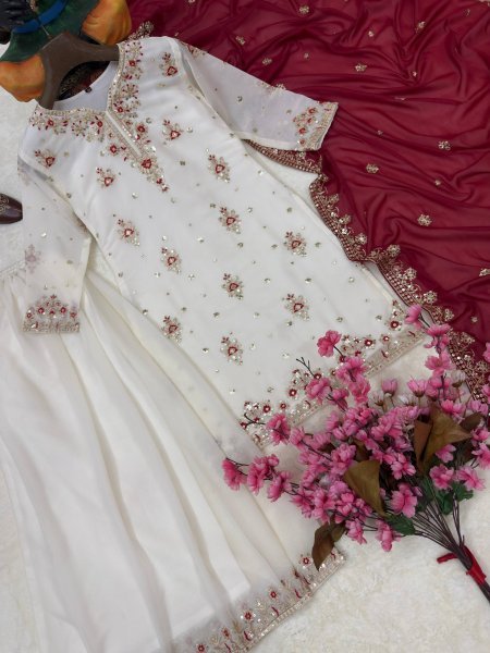 Graceful Georgette White Suit Set with sequins for Special Occasions Ready To Wear Collection