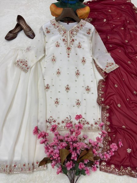 Graceful Georgette White Suit Set with sequins for Special Occasions Ready To Wear Collection