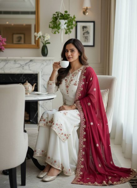 Graceful Georgette White Suit Set with sequins for Special Occasions Ready To Wear Collection