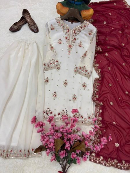 Graceful Georgette White Suit Set with sequins for Special Occasions Ready To Wear Collection