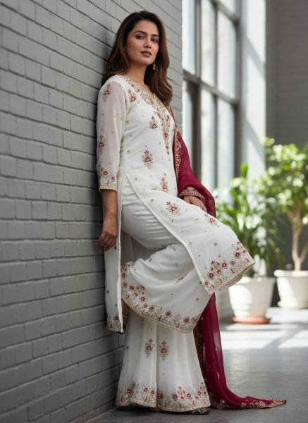 Graceful Georgette White Suit Set with sequins for Special Occasions Ready To Wear Collection
