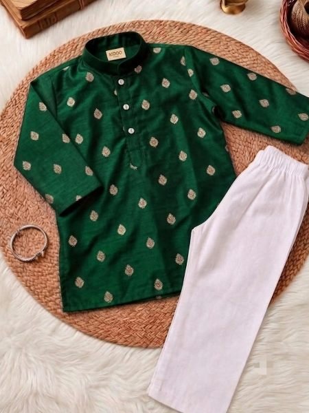 Graceful Green Designer Kids Kurta Pyjama Set with Contrast Gold Zari for Festival 