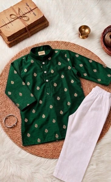 Graceful Green Designer Kids Kurta Pyjama Set with Contrast Gold Zari for Festival Boys Wear