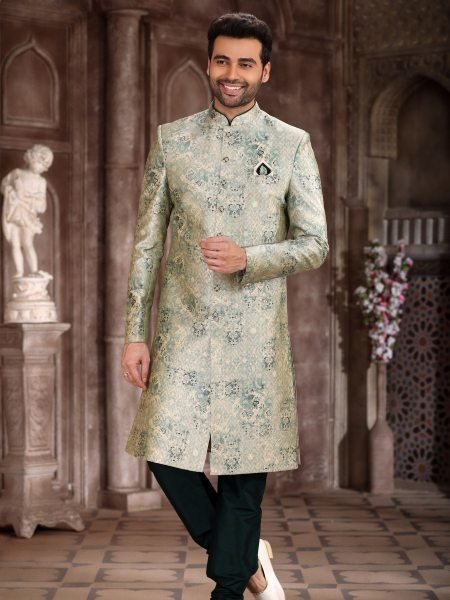 Graceful Green Designer Printed Sherwani for Men with Elegant Look Mens Wear