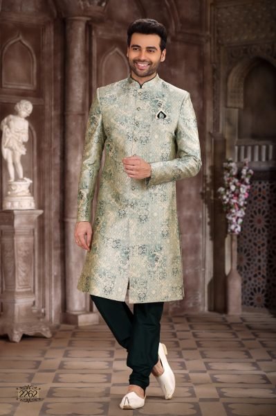 Graceful Green Designer Printed Sherwani for Men with Elegant Look Kurta Pajama Wholesale