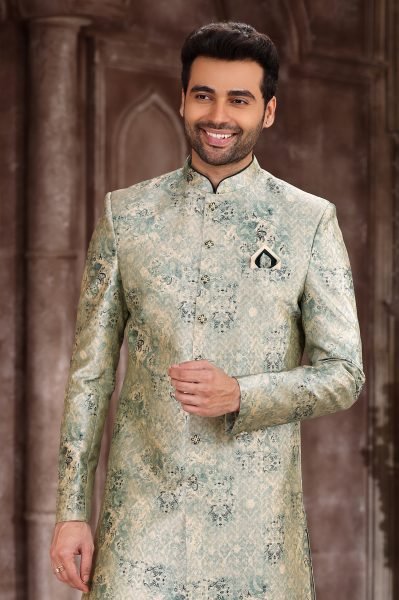 Graceful Green Designer Printed Sherwani for Men with Elegant Look Kurta Pajama Wholesale