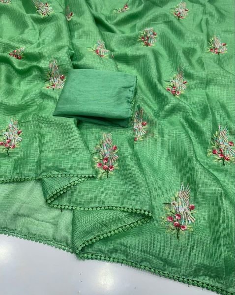 Graceful Green Kota Doriya Embroidered Saree with Rangoli Blouse for Party Wear Embroidery Sarees Wholesale