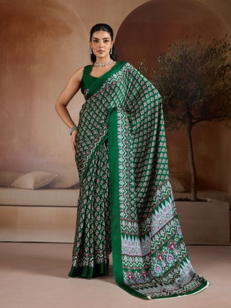 Graceful Green Traditional Ajrakh Print Saree with Ethnic Digital Design Sarees 