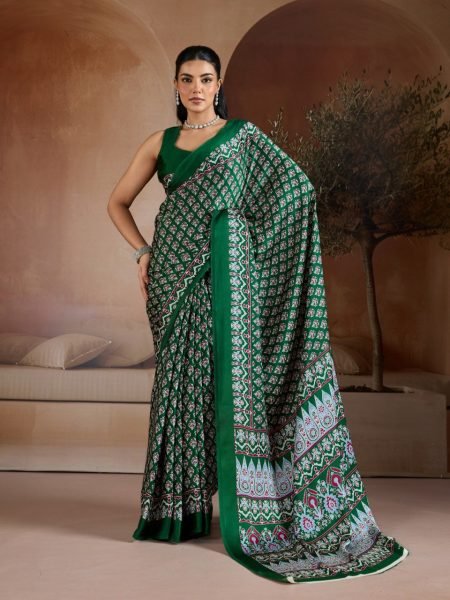 Graceful Green Traditional Ajrakh Print Saree with Ethnic Digital Design Georgette Sarees Wholesale