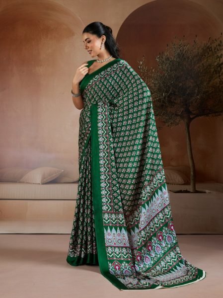Graceful Green Traditional Ajrakh Print Saree with Ethnic Digital Design Georgette Sarees Wholesale