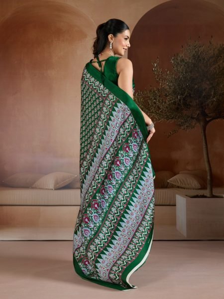 Graceful Green Traditional Ajrakh Print Saree with Ethnic Digital Design Georgette Sarees Wholesale
