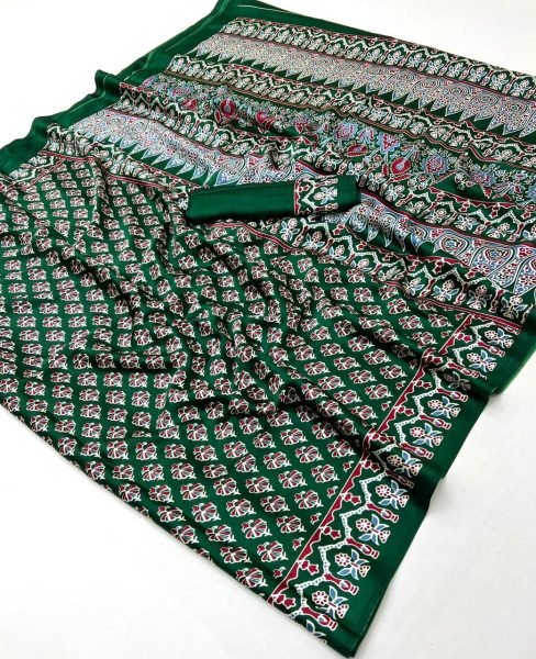 Graceful Green Traditional Ajrakh Print Saree with Ethnic Digital Design Georgette Sarees Wholesale