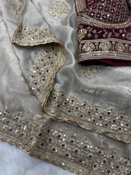 Graceful Grey Designer Fendy Satin Saree with 3mm Sequins Embroidery, Butta Work Designer Wedding Sarees Wholesale