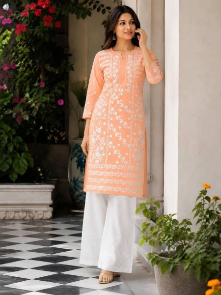 Graceful Heavy Rayon Ready to Wear Cotton Embroidered Top Plazzo Set for Women Embroidery Kurtis 