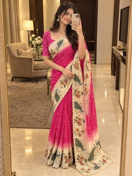 Graceful Hot Pink Chinon Silk Peacock Saree with Multicolour Swarovski Work Silk Sarees Wholesale