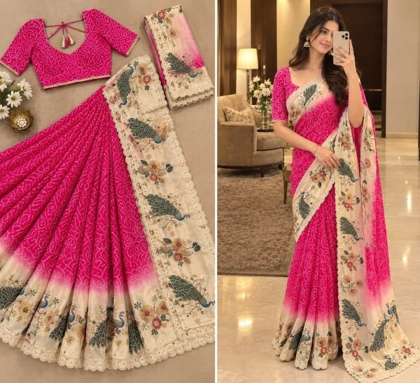 Graceful Hot Pink Chinon Silk Peacock Saree with Multicolour Swarovski Work Silk Sarees Wholesale