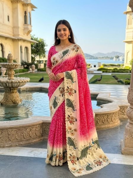 Graceful Hot Pink Chinon Silk Peacock Saree with Multicolour Swarovski Work Silk Sarees Wholesale
