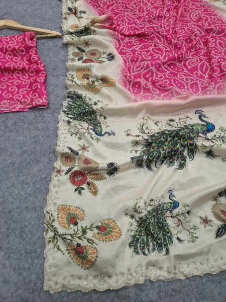 Graceful Hot Pink Chinon Silk Peacock Saree with Multicolour Swarovski Work Silk Sarees Wholesale