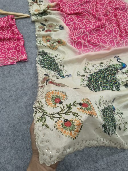 Graceful Hot Pink Chinon Silk Peacock Saree with Multicolour Swarovski Work Silk Sarees Wholesale