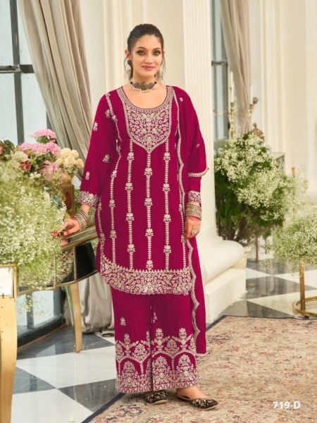 Graceful Hot Pink Heavy Chinon Palazzo Suit with Embroidered Top and Dupatta 