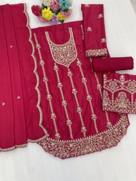 Graceful Hot Pink Heavy Chinon Palazzo Suit with Embroidered Top and Dupatta Designer Plazzo Salwar Suits Wholesale