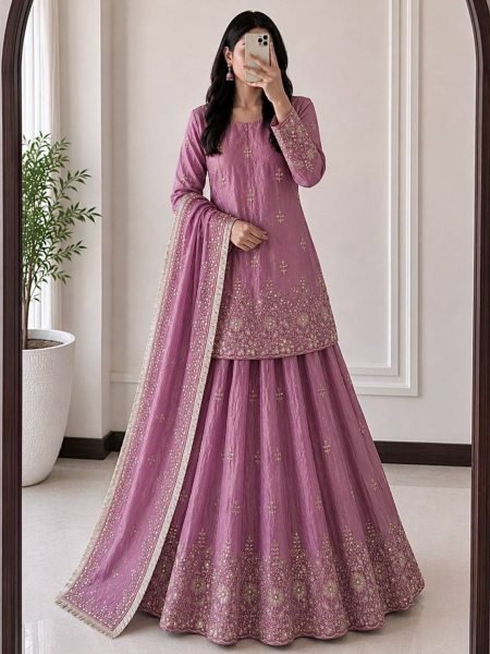 Graceful Lavender Elegant Embroidered Fandy Silk Outfit for Festive Wear Ready To Wear Suit