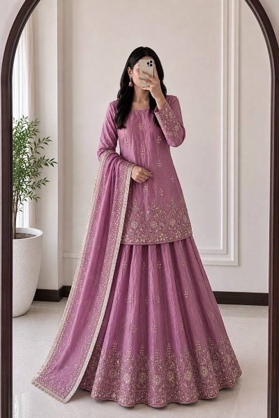 Graceful Lavender Elegant Embroidered Fandy Silk Outfit for Festive Wear Ready To Wear Collection