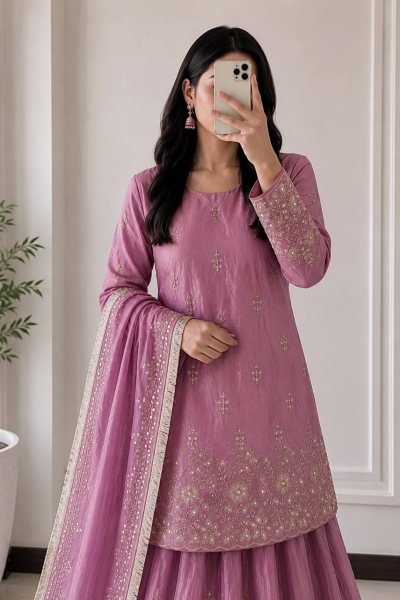 Graceful Lavender Elegant Embroidered Fandy Silk Outfit for Festive Wear Ready To Wear Collection